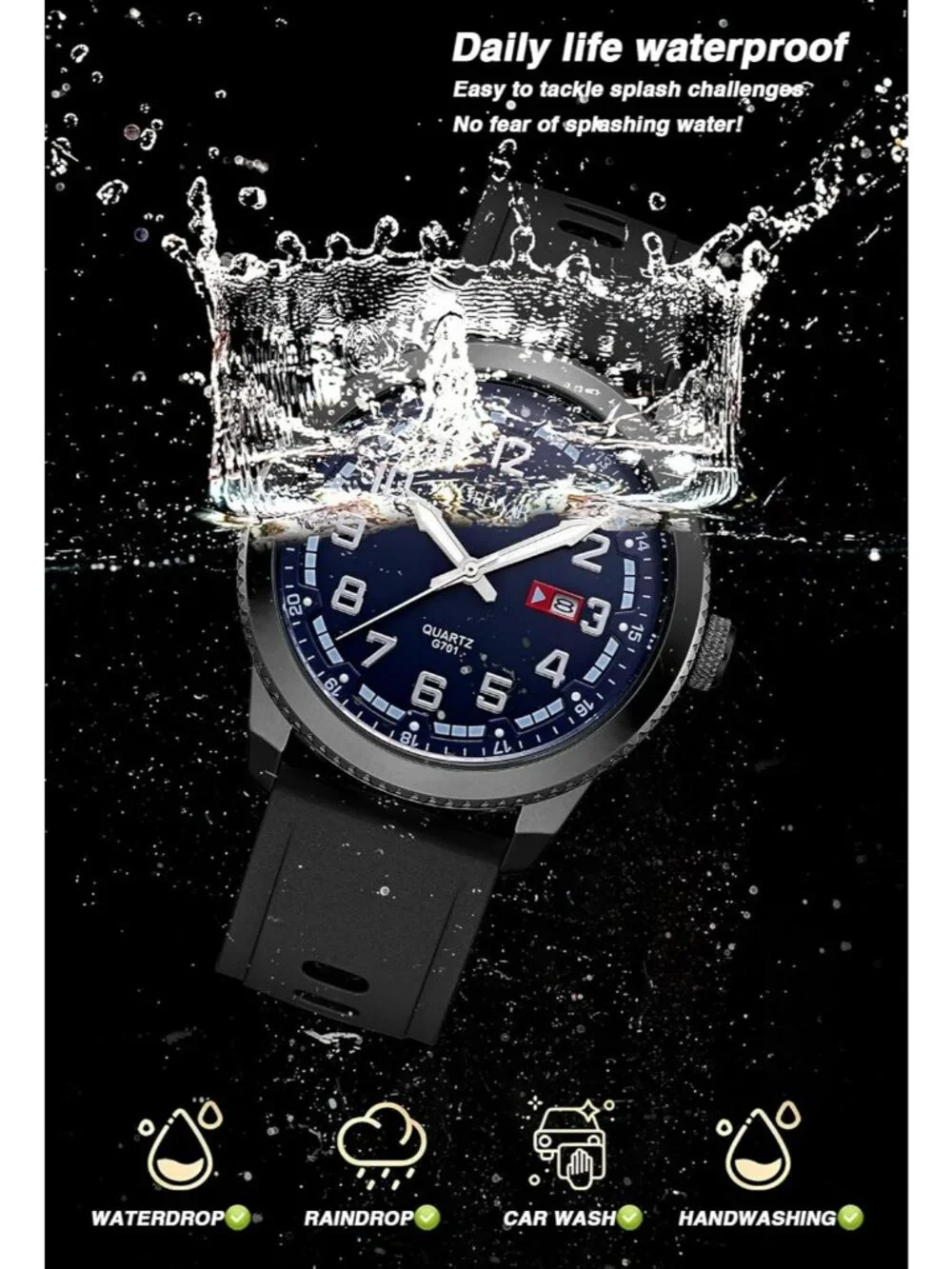 Men's Black And Blue Analog Quartz Waterproof Silicone Band Luminous Wrist Watch